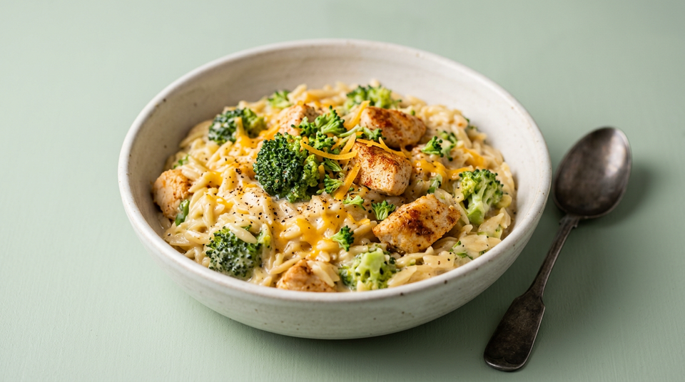 Broccoli cheddar orzo met kip